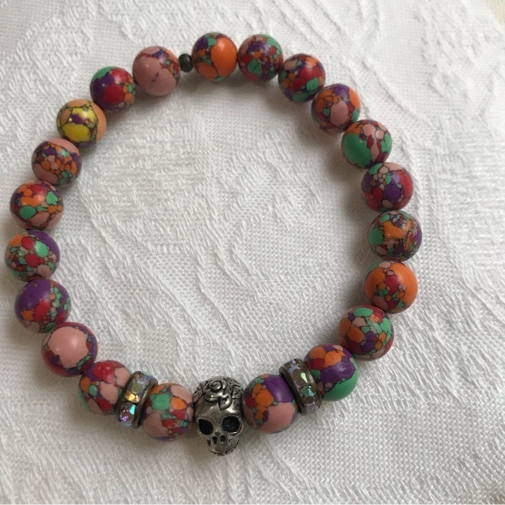 Multicolor Beaded Skull Stretch Bracelet Gothic Boho One Size - Picture 13 of 16